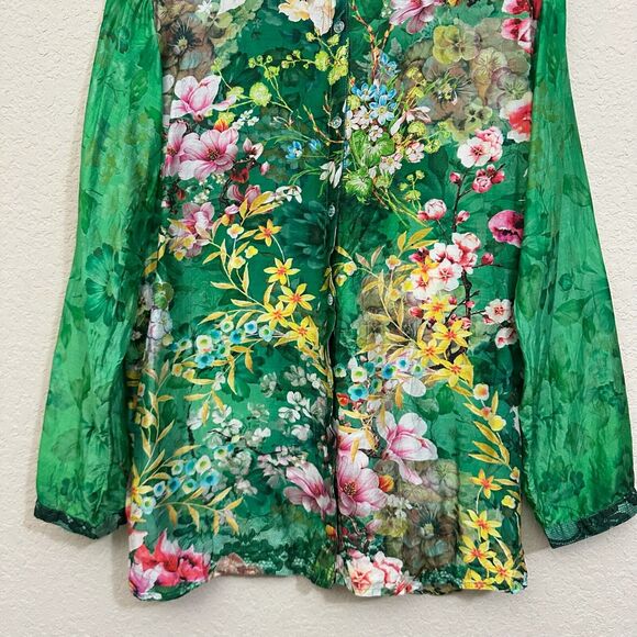 CIENNA Floral Shirt Green Button Up Roll Tab Sleeve Satin Silk Boho - Picture 4 of 12